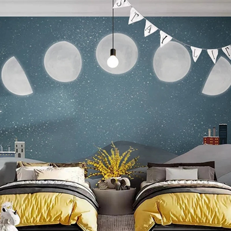 Modern Nordic Hand-painted Cartoon Moon Pattern Wallpaper For Kid's Bedroom Background Wall Decoration Painting Photo Mural 3D