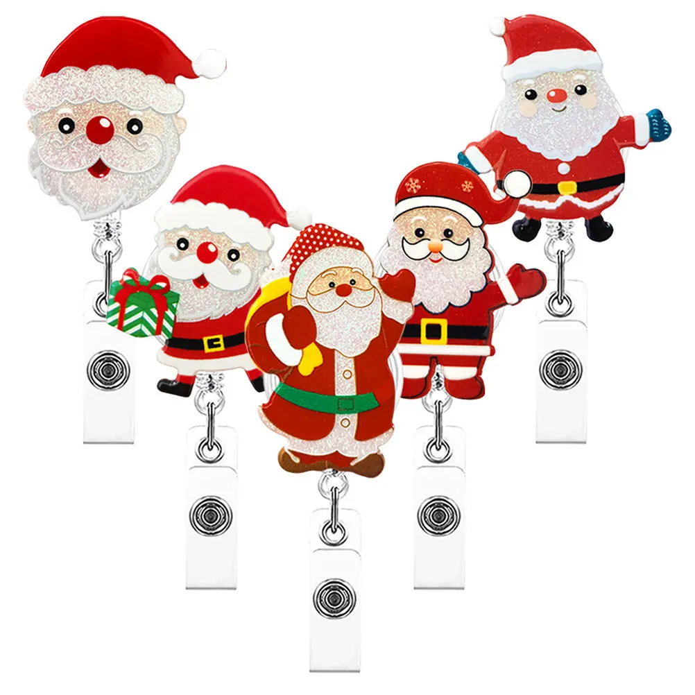 5Pcs Christmas Badge Reel Set Adorable Santa Claus Acrylic Retractable Id Holder for School Office Medical Personnel Gift