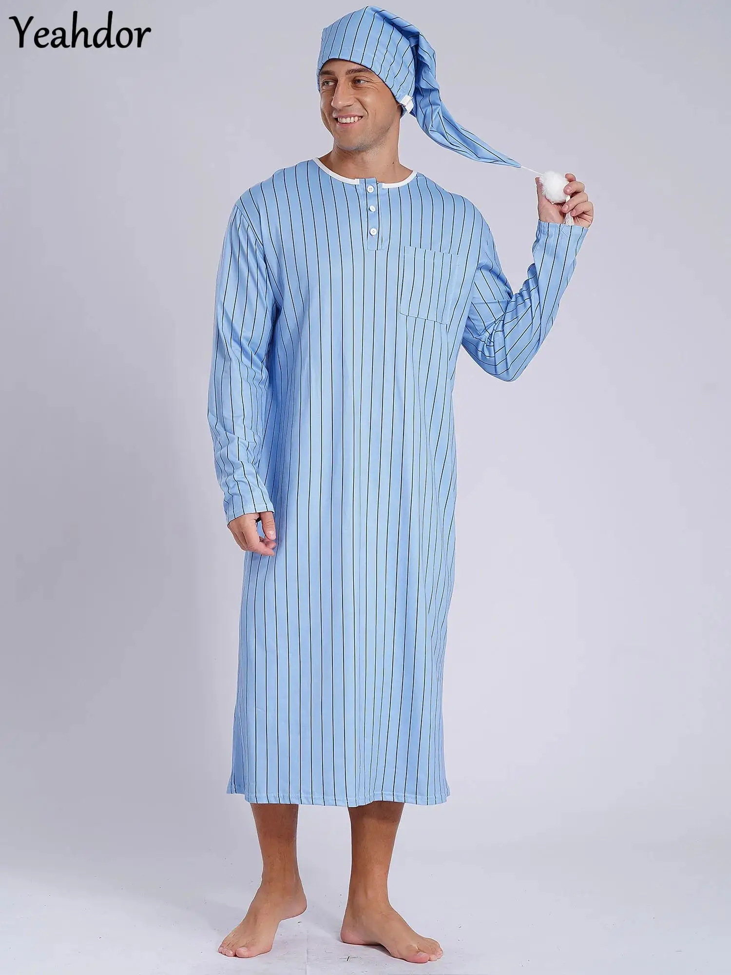 

Men Christmas Striped Sleep Robe Long Sleeve Long Robe Nightshirts And Sleep Hat Pajama Set Soft Loose Sleepwear Robe Nightdress