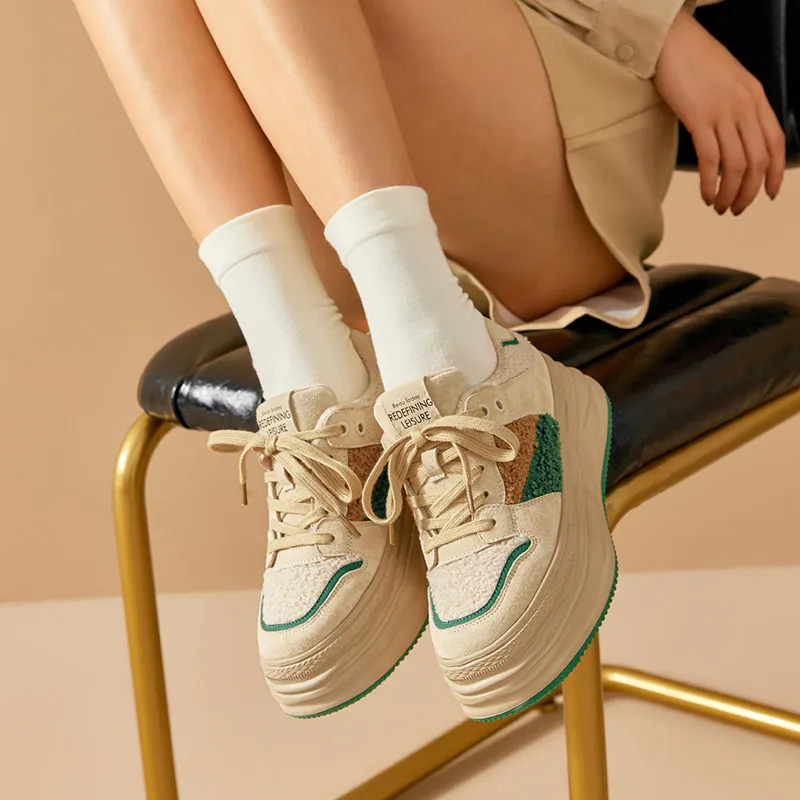 BeauToday Causal Sneakers Women Suede Leather Patchwork Cross Tied Thick Sole Winter Warm Lady Vulcanize Shoes Handmade 29197