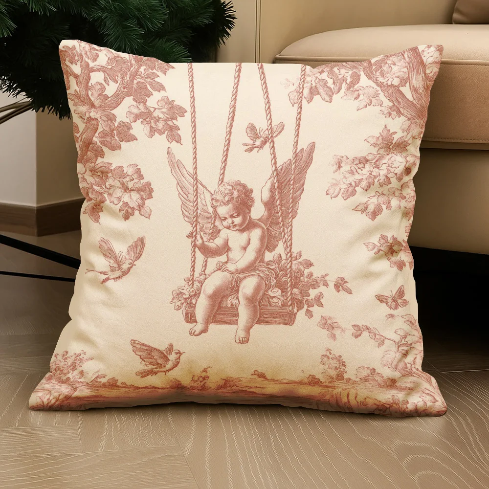 1pc Vintage Cherub Swing Toile De Jouy Throw Pillow Cover Romantic Rustic Home Decor