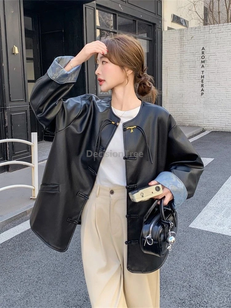 

2025 новая кожаная куртка в китайском стиле, осенняя новая лоскутная модная куртка Тан, женская куртка в стиле ретро с улучшенным темпераментом