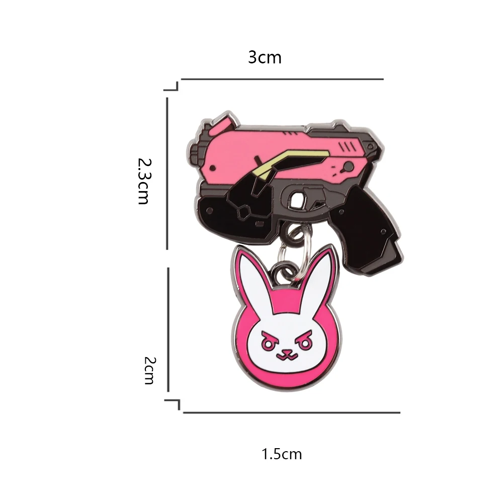 Overwatch Pink Rabbit Brosche, rosa, kreatives Cartoon-Design, niedliches Kaninchen, leichte Pistole, Emaille-Anstecknadel, Spiel-Accessoire, Metallabzeichen, Kragen-Schmuck – Detail 2