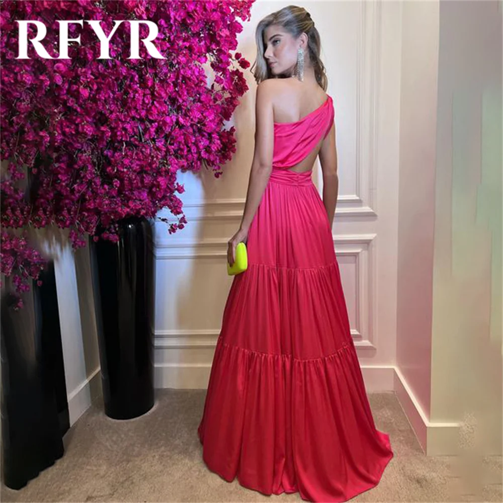 RFYR A Line One Shoulder Evening Dress Charming Fuchsia Stain Prom Dress With Belt Pleat Party Dresses Custom vestidos de noche