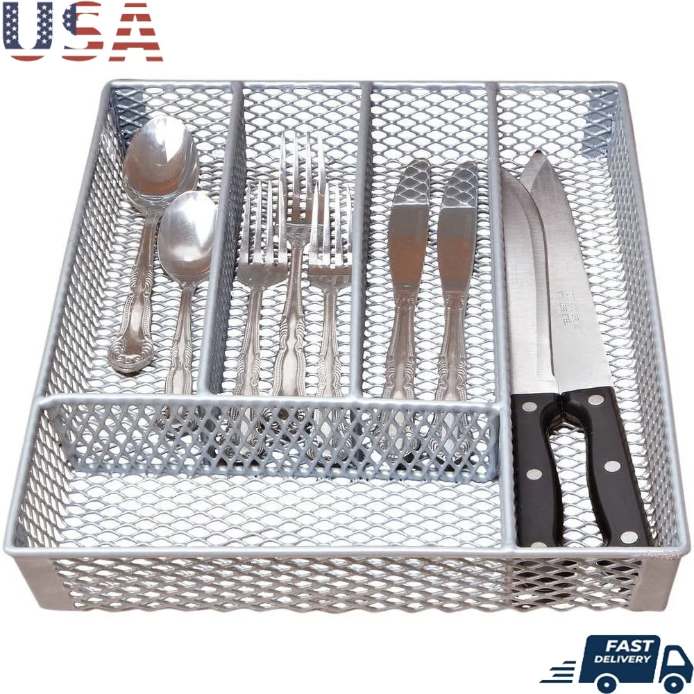 

Small Cutlery Tray Metal Mesh Design Five Compartments Lightweight Organizer Fits Most Drawers Durable Steel Frame Grey Finish