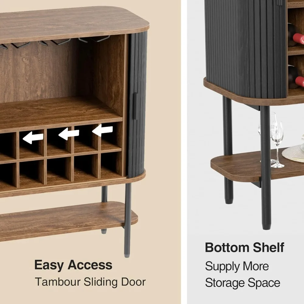 Armário de bar de café preto com armazenamento, armário de licor de vinho canelado com portas deslizantes, suporte de vidro e rack de vinho, aparador de buffets