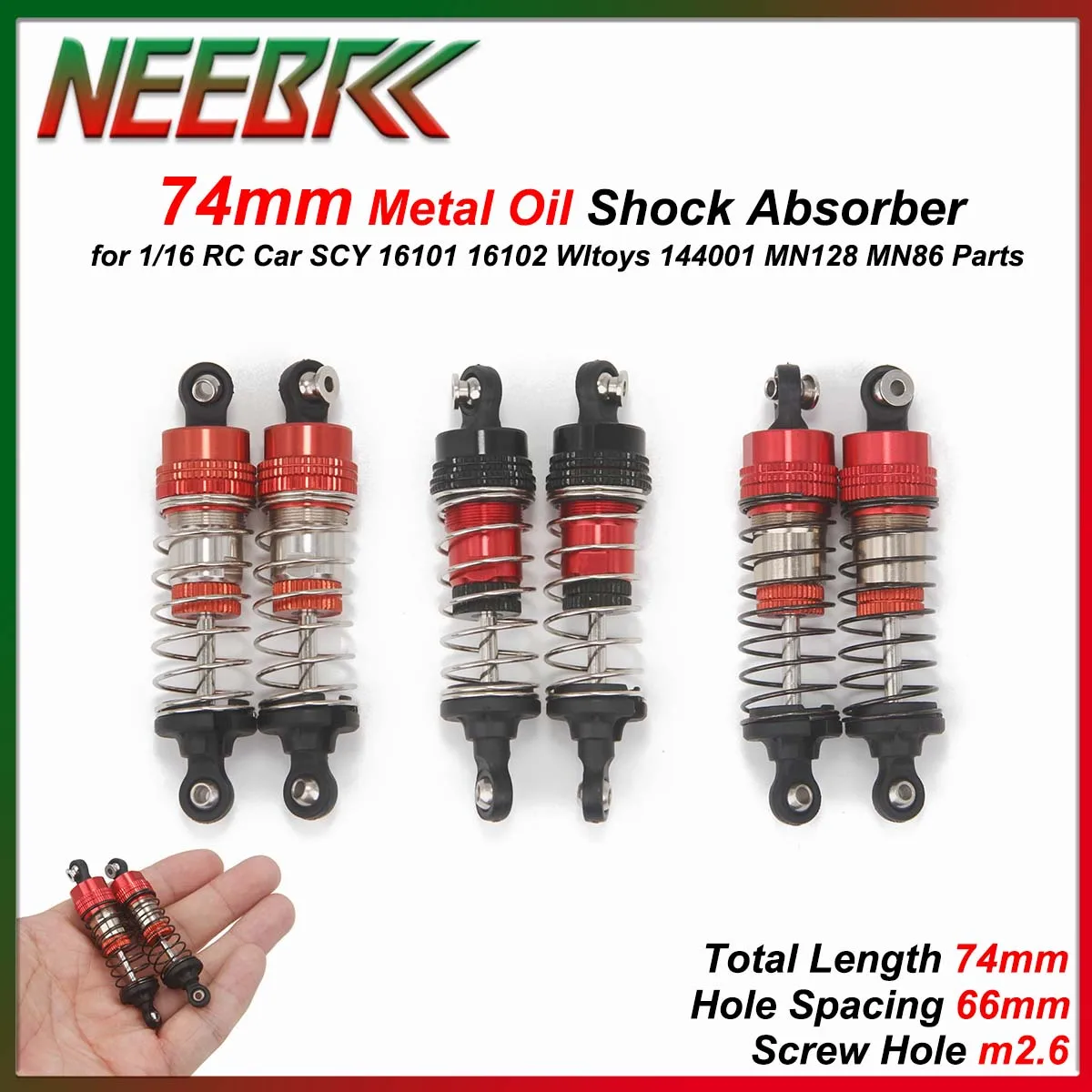 74mm Shock Absorber Metal Oil Damper for 1/16 RC Car SCY 16101 16102 JJRC Q130 Wltoys 144001 16103 MN128 MN86 MJX 16208 16207