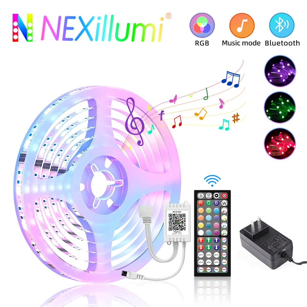 RGB Led Strip Lights with Remote/App Control Indoor, Music Sync Timing function Tape Lamps for Room Home Decor Ambient Lighting