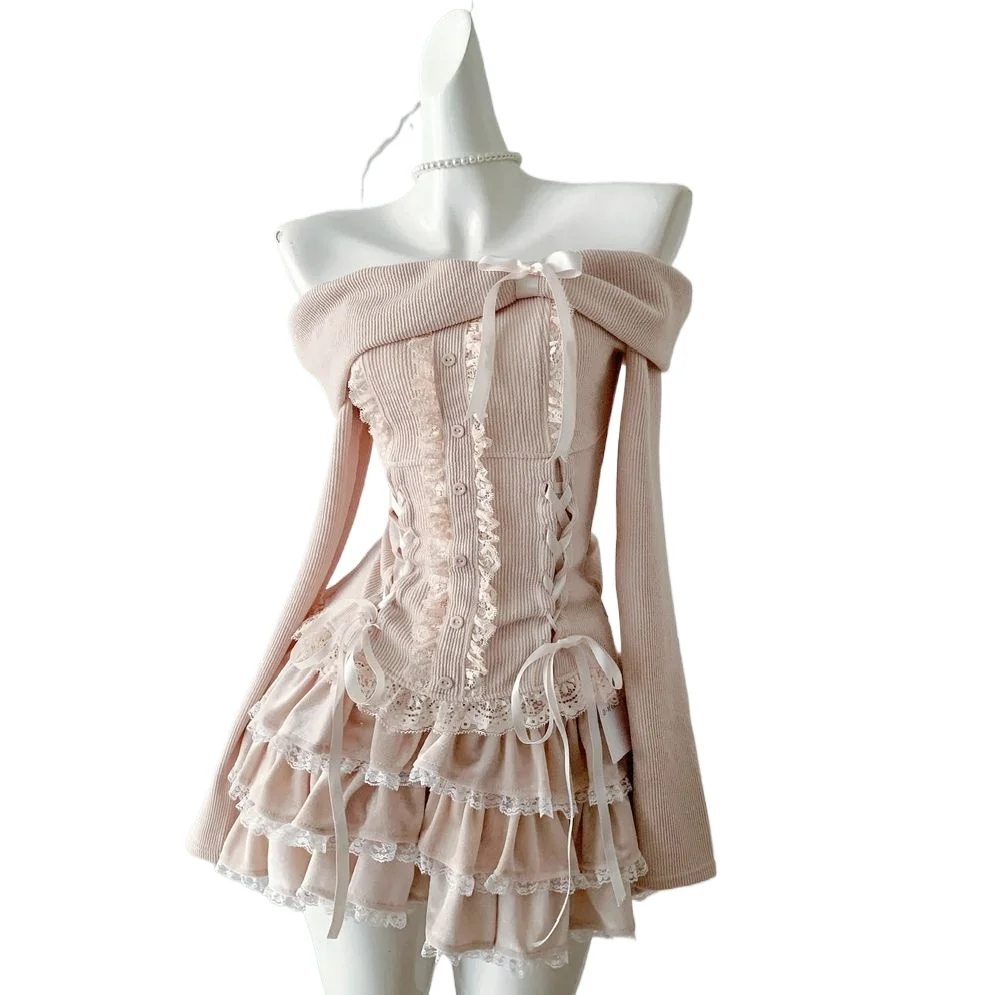 Sweet Bow Off Shoulder Long Sleeves Top Cake Mini Skirt Sets Two-piece Set Women Outfit Pink Lace Patchwork Y2k Clothes 2000s