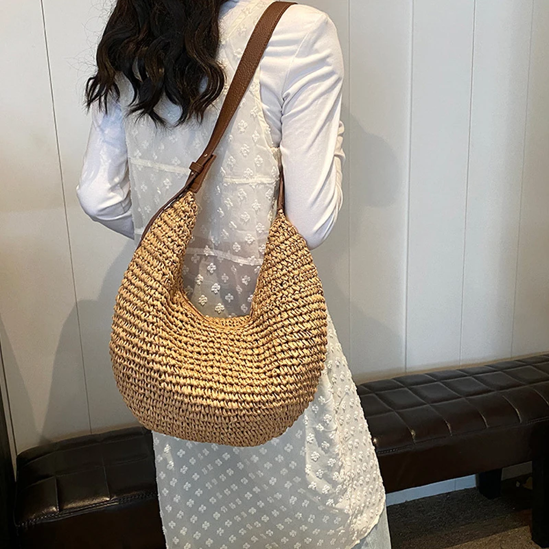 Casual Hobos Straw Women Shoulder Bags Handmade Weave Crossbody Bags Vintage Simple Summer Beach Bag Large Capacity Tote Purses