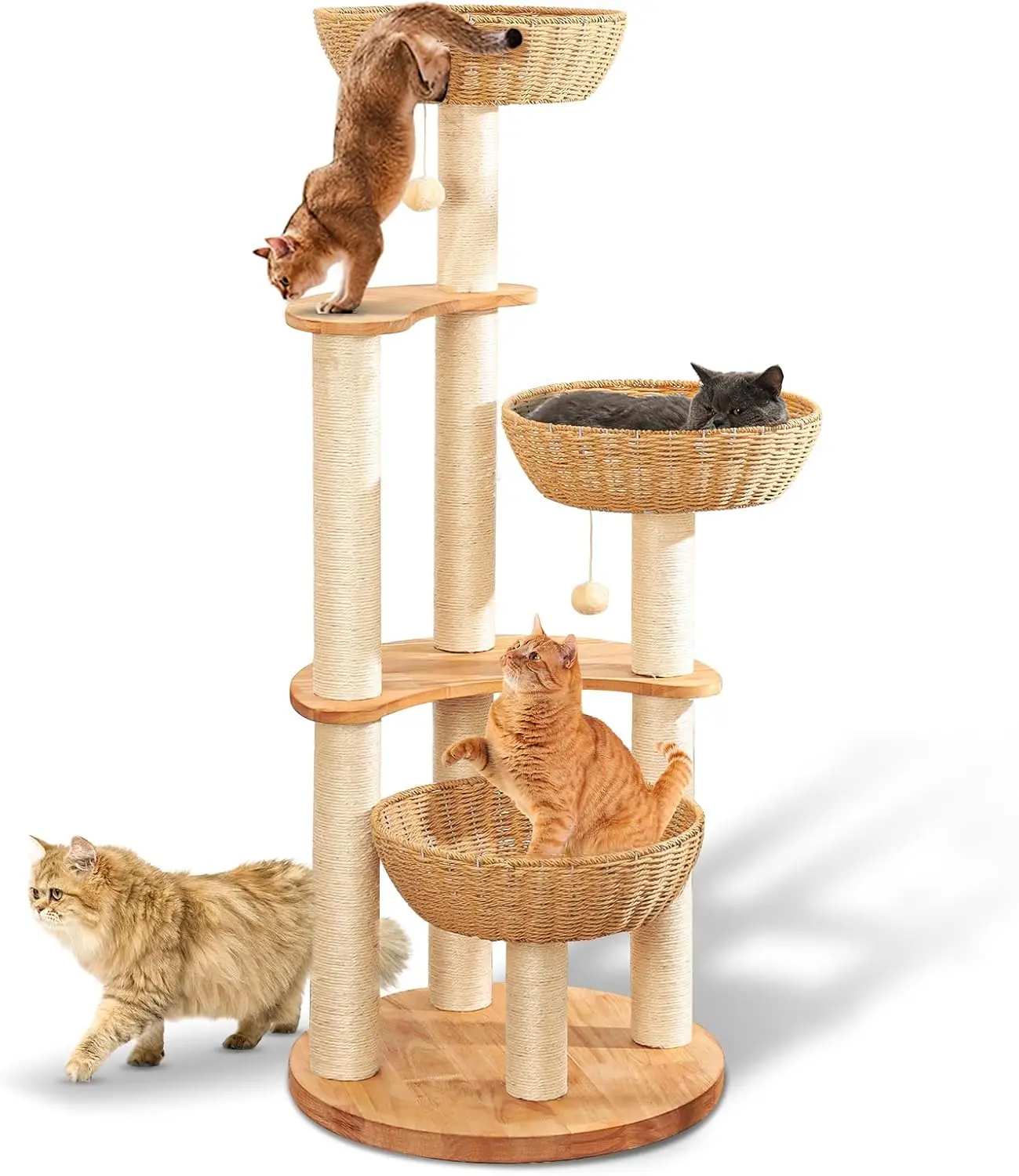 Indoor Use, Oak-made, Luxury Cat Tree with Manual Hand Woven Design, Easy to Clean
