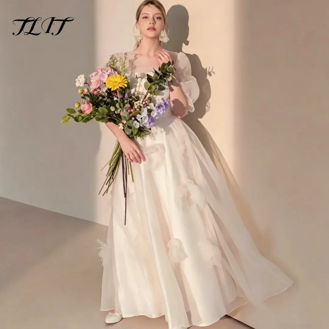 TLIT Customized O-Neck Short Sleeves Korean Wedding Dresses Handmade Flowers A Line Organza Bridal Party Dresses Evening Gown