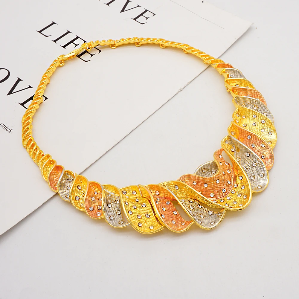 Dubai Color Color Jewelry Sets African Bridal Wife Gifts Wavy Shape Necklace Bracelet Earrings Ring Jewelery For Women Party image 3