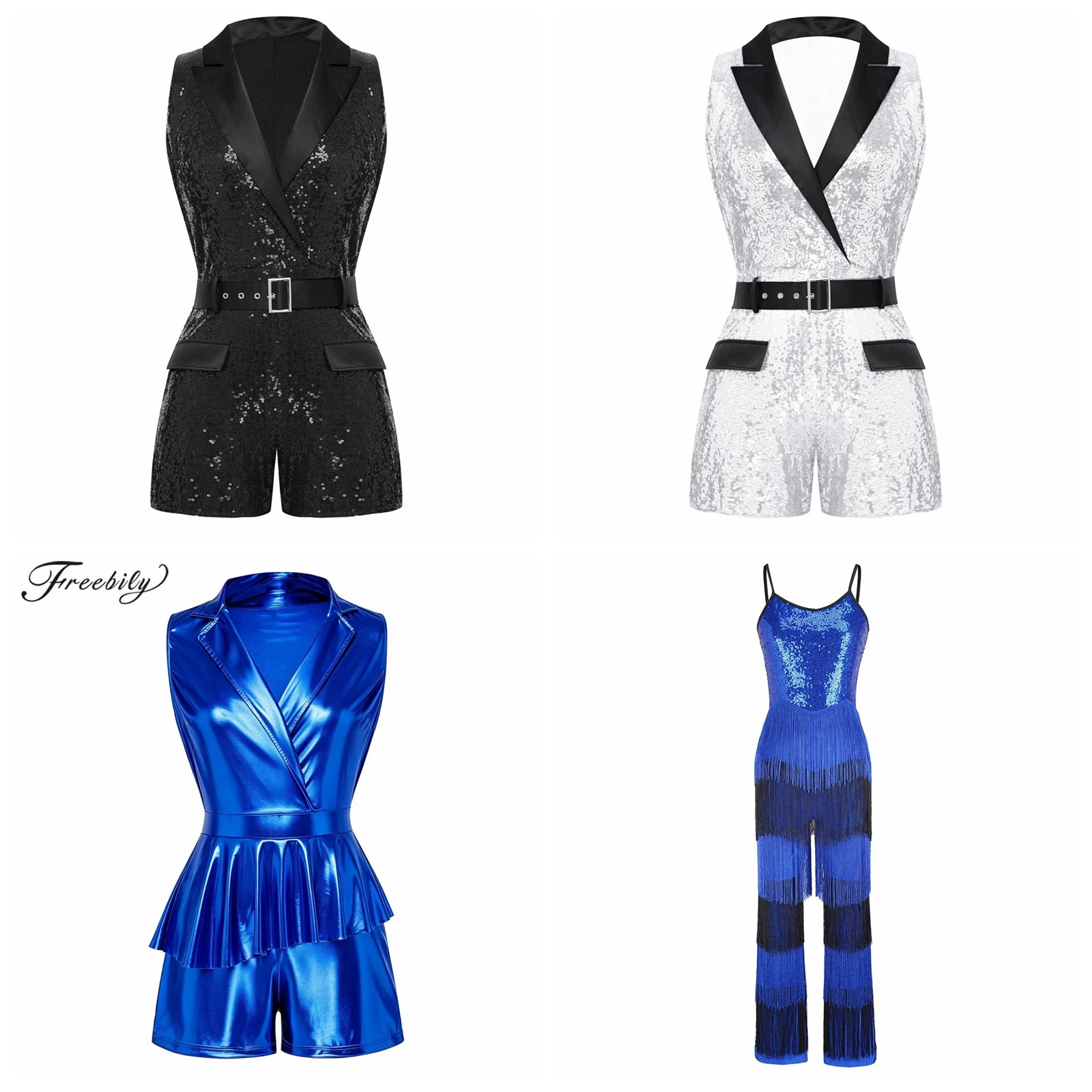 Lady Clubwear Hippie Jazz Dance Costume Women 70s Disco Outfits Fashion Festival Jumpsuit Shiny Party Rompers Metallic Playsuit
