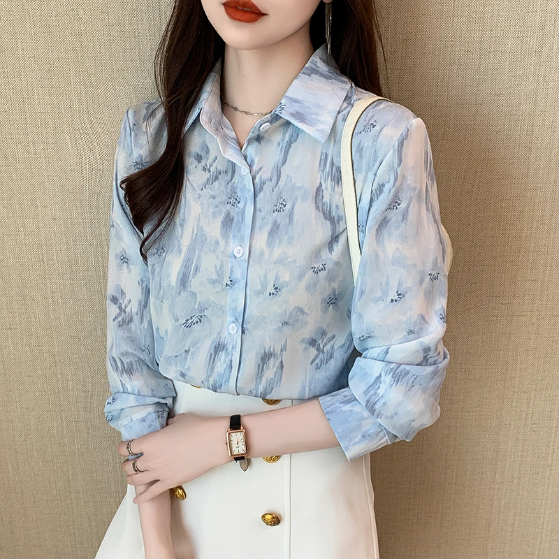 Women Spring Korean Fashion Temperament Loose Printing Polo-Neck Long Sleeve Shirts Women Clothes Casual All-match Sweet Tops