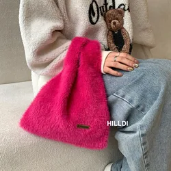 Fashion Mink Hair Design Sense Solid Simple Knitted Plush Bag Korean Version Large Capacity Commuter Handbag Portable Tote Pack