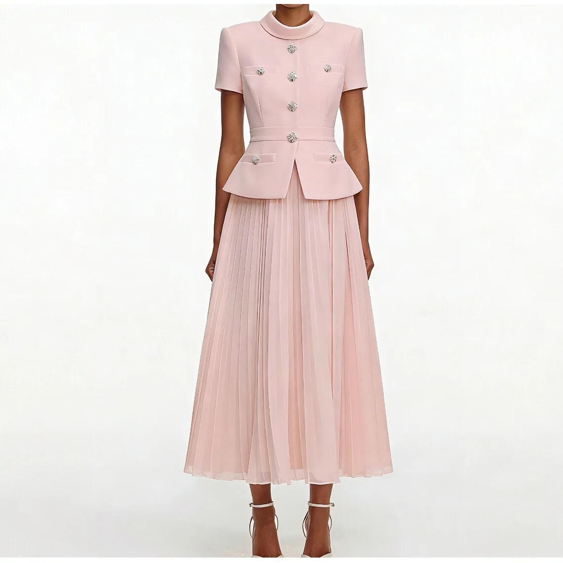 

2026 French Temperament Short Sleeve Diamond Waist Coat+ Pleated Long Set Skirt