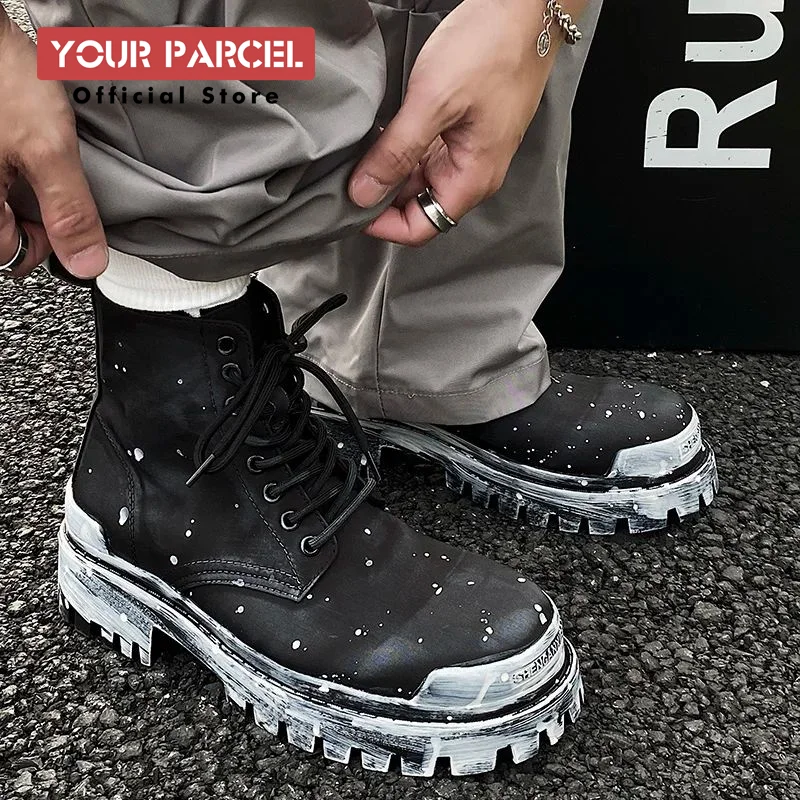 Original Riding boots for men waterproof fabric hand-painted height increasing snow boots niche design retro motorcycle boots