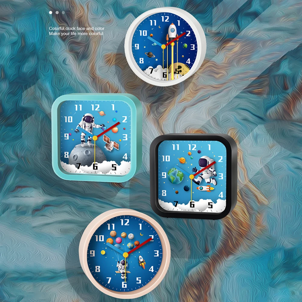 Round Cartoon Alarm Clock Astronaut Planet Small Wakeup Tool For Children Desktop Clock Loudspeaker Mute Non Ticking Table Clock