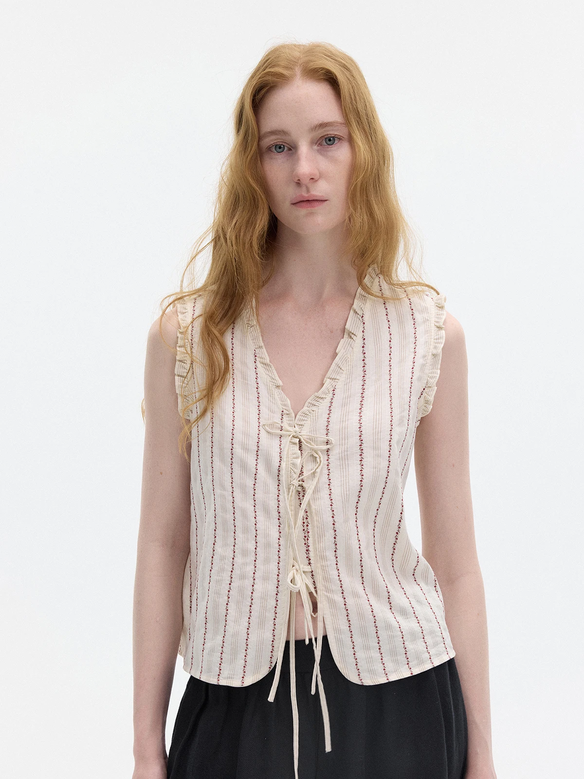 Nice People 2026SS Cotton Gauze Striped Pattern Wood Grain  Detail Sleeveless Tie Waist Top Women's Loose Fit V-Neck Oute...