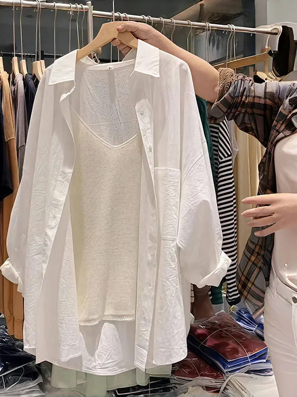 

Женская свободная рубашка-туника весна 2026: Новая белая рубашка-топ класса люкс, легкая, омолаживающая, модная, с рукавом 3/4, на пуговицах