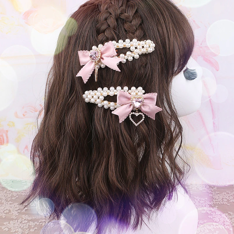 1 زوج حساسة لوليتا دبوس الشعر Larme كي اللؤلؤ القوس المشابك حجر الراين الحب القلب دبابيس الشعر الجانب كليب إكسسوارات الشعر