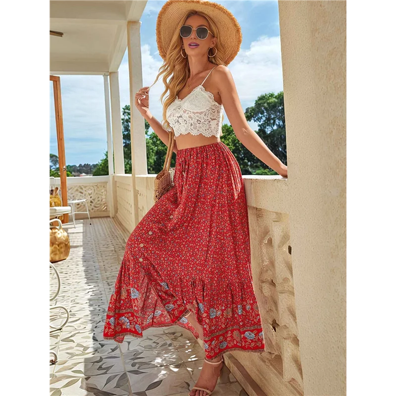 CYL-Maxi Spódnice Damskie Lato 2025 Boho Długie, Zwiewne, Kwiatowe, Elastyczne, z Wysokim Stanem, z Rozcięciem z Przodu, Codzienna Spódnica Podróżna