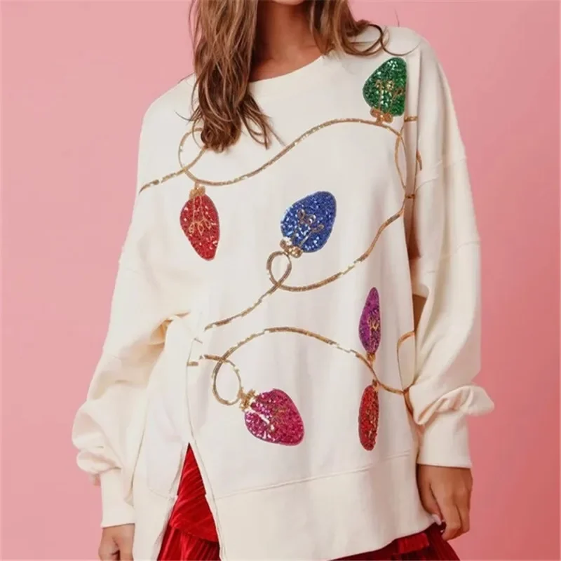 Imcute Women Sequin Christmas Light Sweater Oversized Long Sleeve Sweatshirt Side Slit Sparkly Glitter Shirts Jumper Tops