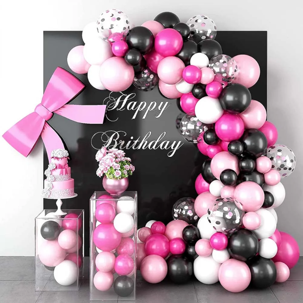 131pcs Pink and Black Balloon Garland Set, Confetti Latex Balloon Mouse Theme Girls Women Wedding Bridal Shower Party Decoration