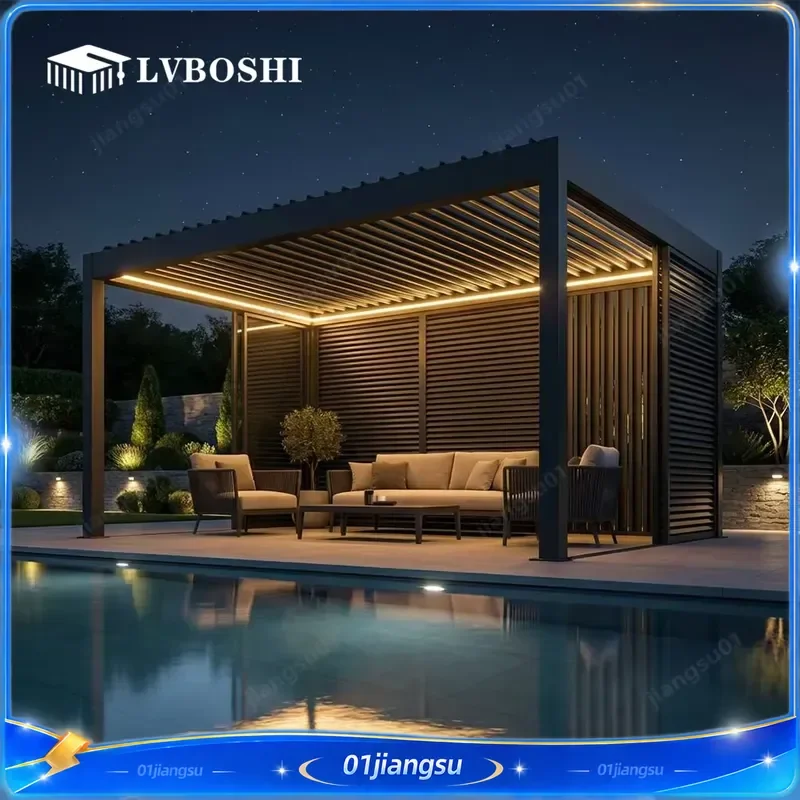 Motorized Louvered Roof Pergola Aluminum Gazebo with LED Lights Ziptrak Screen Heavy Duty Outdoor Patio Cover for Garden