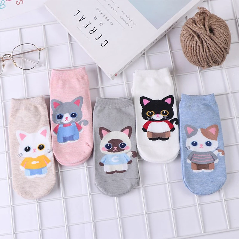 Calcetines tobilleros informales divertidos para mujer, medias cortas de tubo bajo, estilo Harajuku, con dibujos de animales, gato, Kawaii