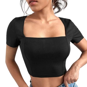 Square Neck Rib-knit Crop Tee Square Neckline Rib-knit Crop Tee Versatile Black Short Sleeve Top Suitable for Casual and Special