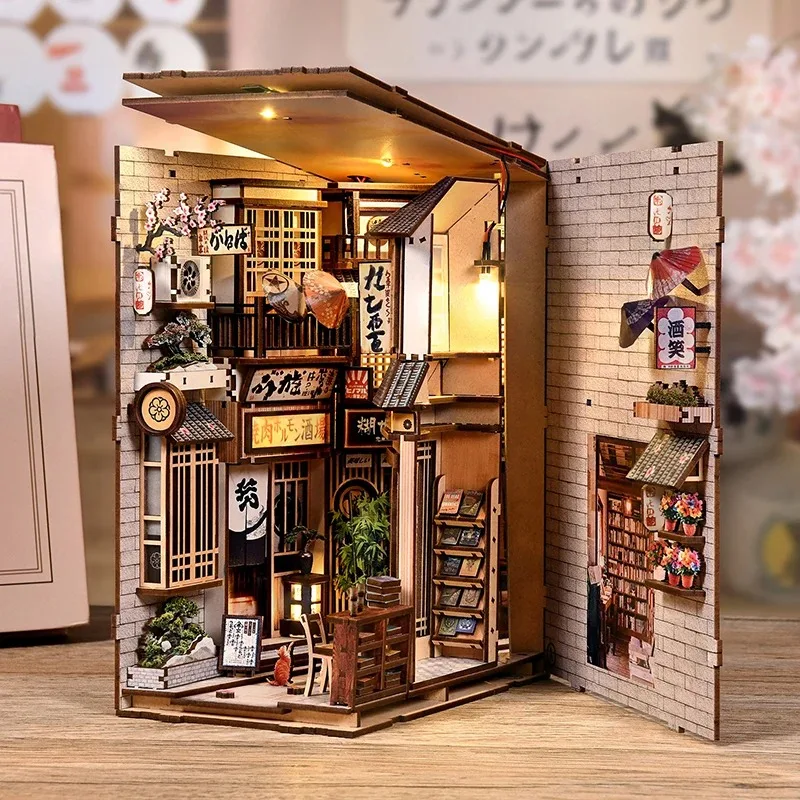 DIY-Holzbuch im japanischen Stil, Nook Alley, die auf Katzen-Miniaturszene wartet, kreatives Geburtstagsgeschenk, Heimdekoration