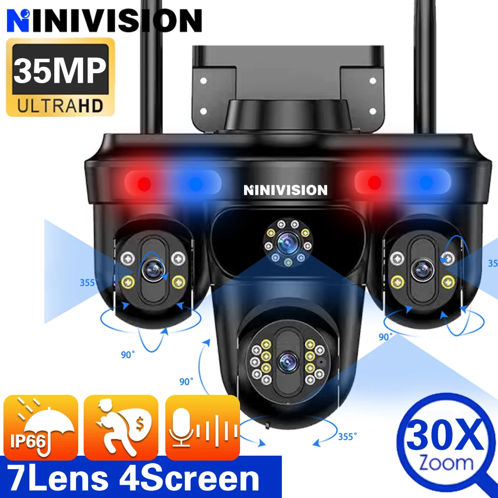 

35MP Black White 7 Lens 4 Screens PTZ IP Camera Outdoor 18K Wireless WiFi Security 30X PTZ Zoom Two-Way Audio CCTV Video Camera
