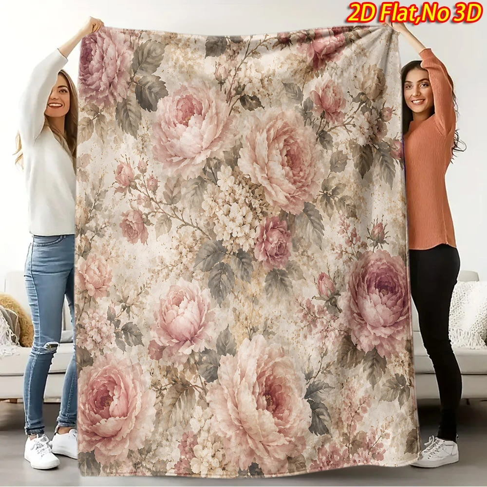 1pc 2D Flat Printing Spring And Summer New Arrival Delicate Pink Floral Theme Digital Print Blanket, All-Season Use, Casual Thro