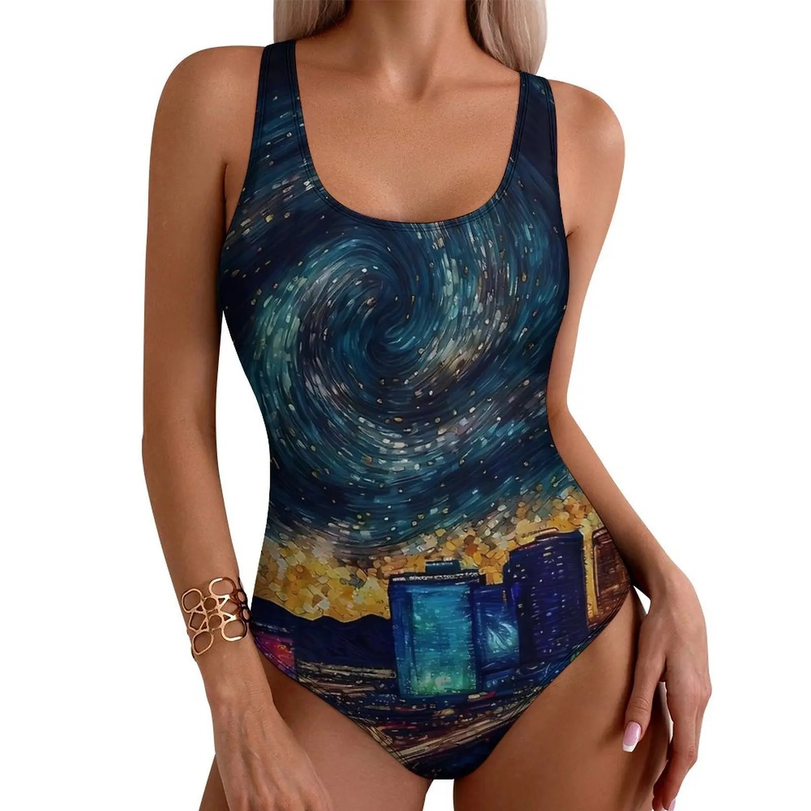 

Las Vegas Starry Night Swimsuit Swimwear One Piece Holiday Pool Bodysuit High Cut Monokini Woman Push Up Sexy Beachwear Gift