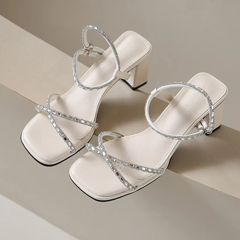 

Elegant Women High Heels Sandals Luxury Crystal Square Toe Heeled Shoes Summer 2025 Chunky Slippers Designer New Pumps Sandalias