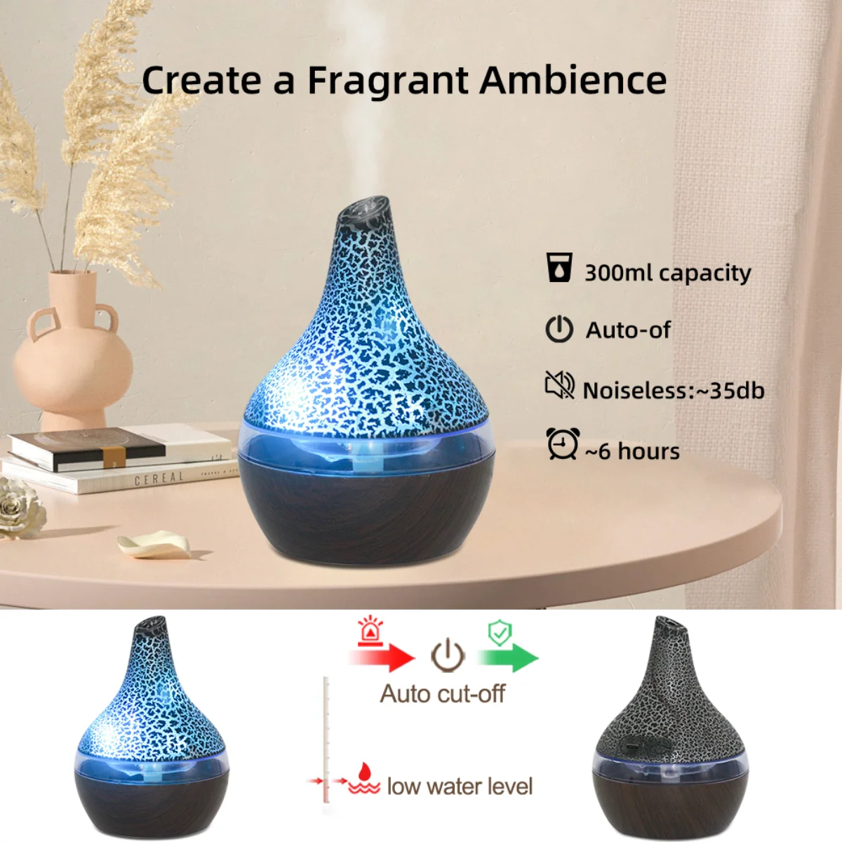 300ml USB Aromatherapy Diffuser and Humidifier, Ultra Quiet Cool Mist Humidifier with Remote Control, 7 Color Changing LED Light