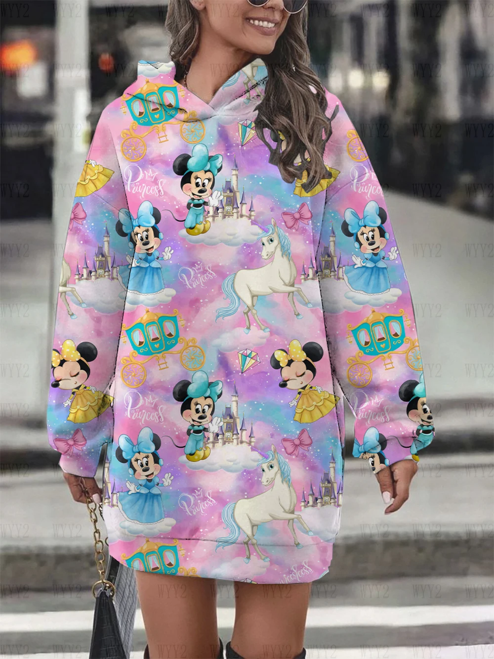 New Disney cartoon pattern series printed fashionable women 2024 loose hooded skirt dress retro hoodie