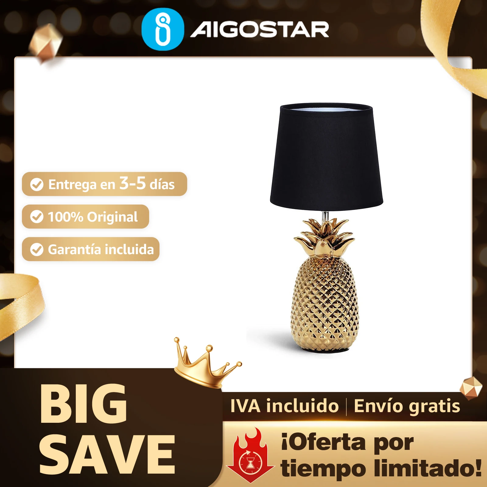 Aigostar Lámpara Cerámica Piña con Pantalla Tela Dorada E14, para Dormitorio o Salón (Sin Bombilla, 36cm Altura)