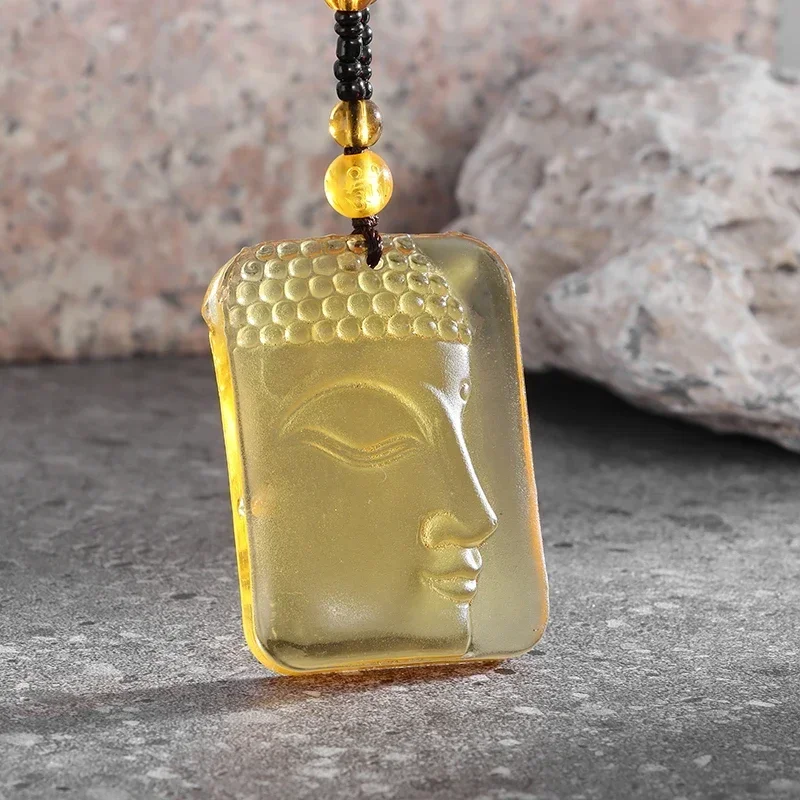 Buddhist Buddha Pendant Frosted Yellow Crystal Beaded Necklace Exorcism Amulet Jewelry Gift Men Women