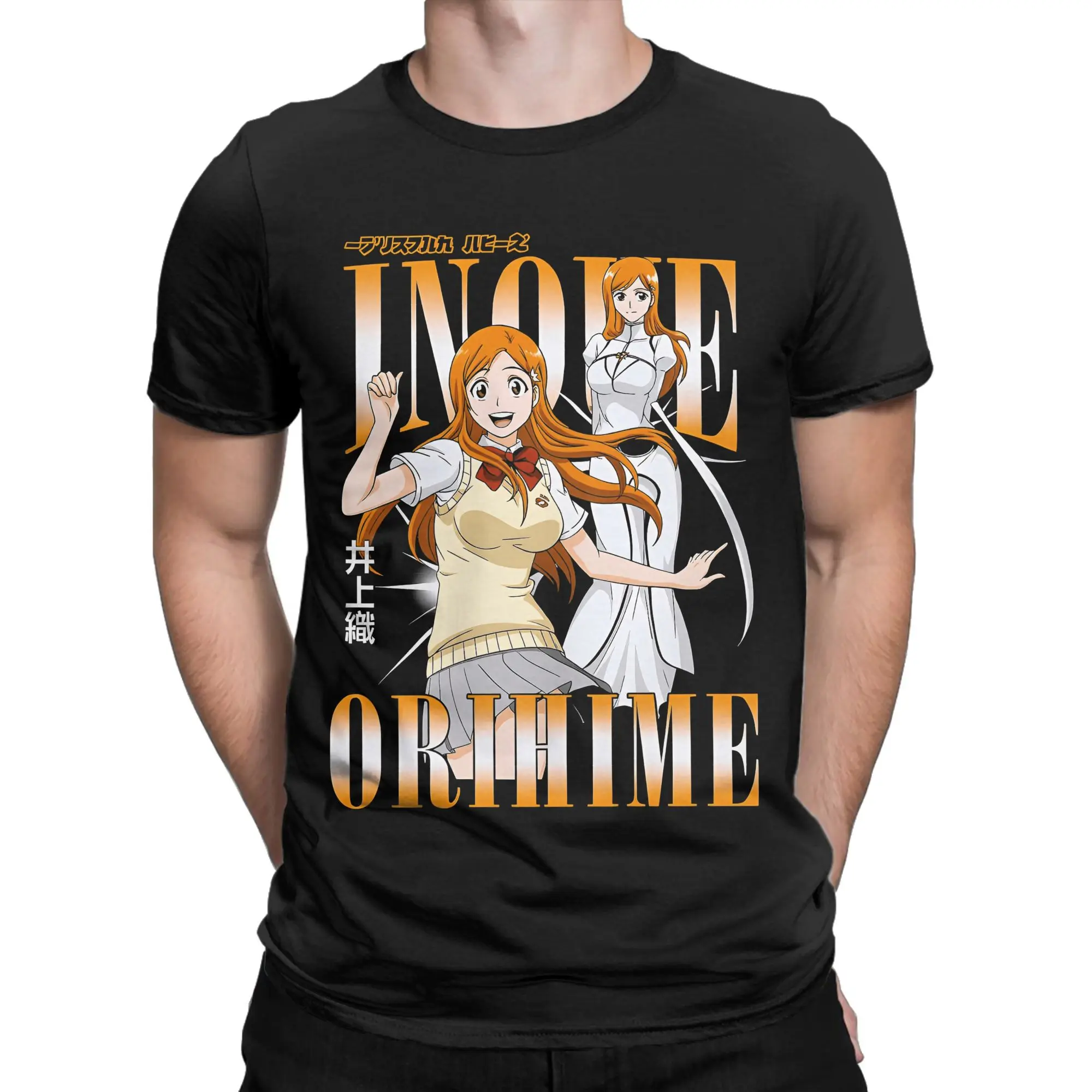 Bleach Orihime Inoue Black T Shirt Beach  Aesthetic T Shirts Cotton Harajuku Tshirt For Men Short Sleeve Custom Logo Top Tees