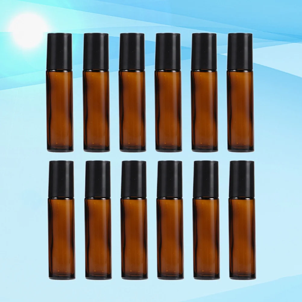 12 ชิ้น 5 มล. ขวดโรลออนน้ำมันหอมระเหยบรรจุภัณฑ์ย่อยแก้วทนทานป้องกันการรั่วซึมรีฟิลได้ขวดโรลออนสีน้ำตาล