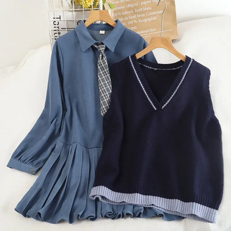 

2022 Spring Autumn Preppy Style JK Knit Vest Dress 2 Piece Set Korean High School Student Uniform with Tie Blue Clothing Female