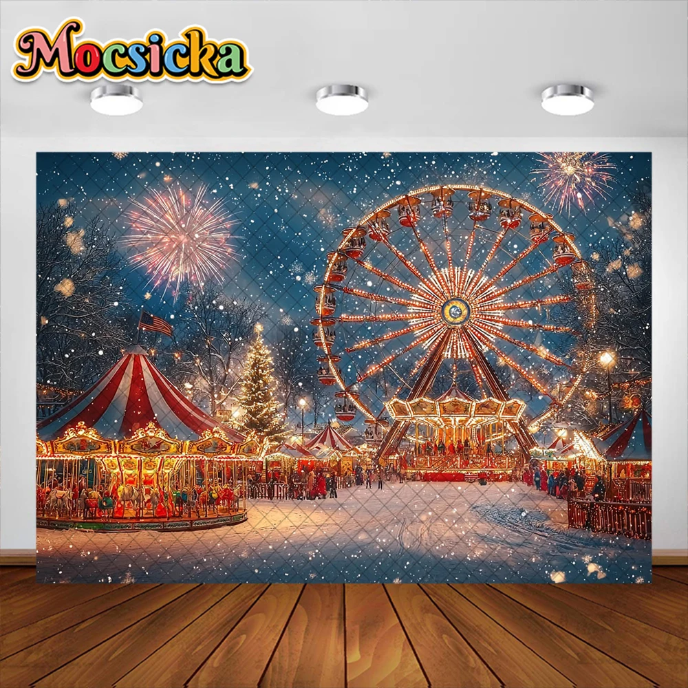 Winter Christmas Photography Background Circus Ferris Wheel Snow Fireworks Decoration Kids Portrait Photo Background Studio Prop