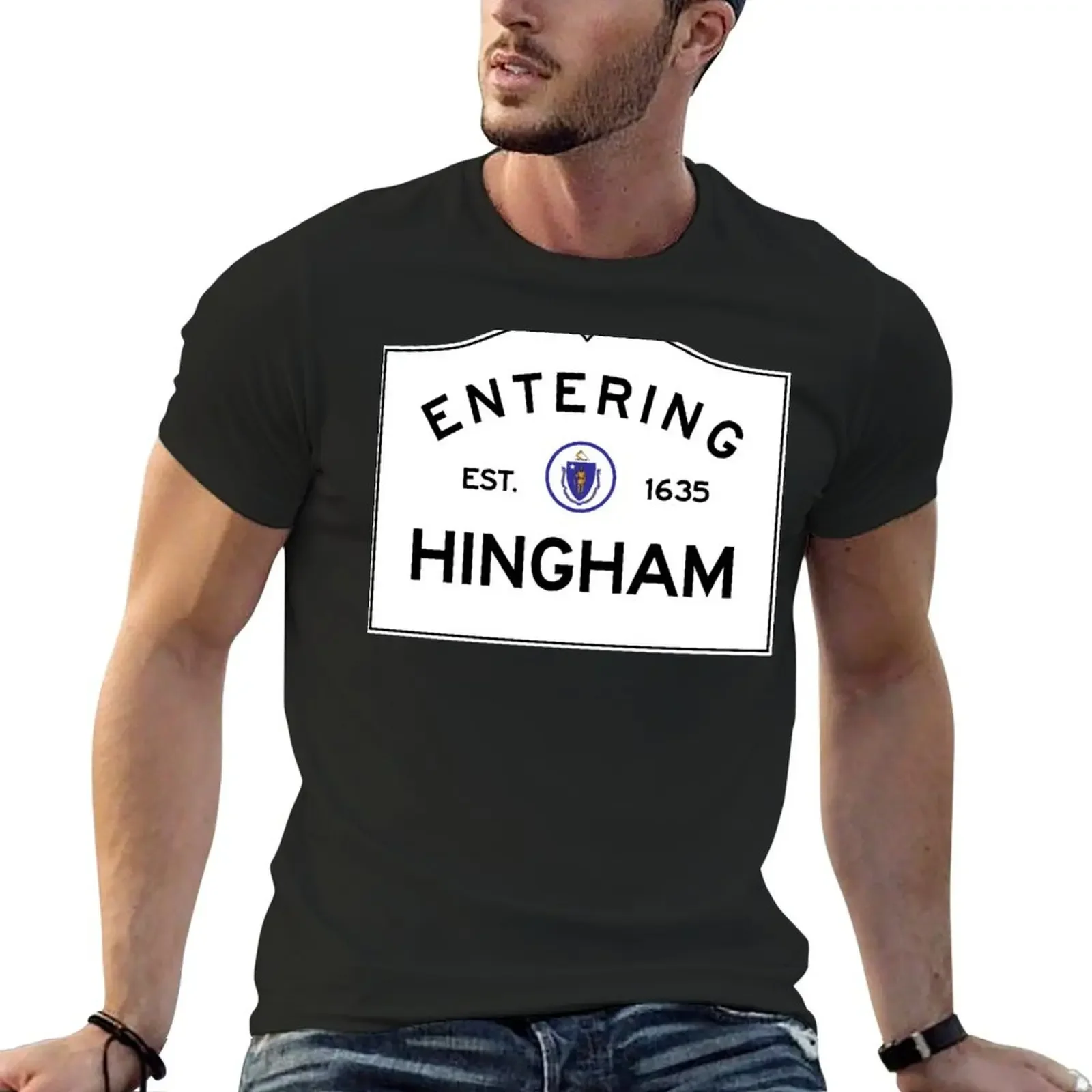 Entering Hingham Massachusetts - Commonwealth of Massachusetts Road Sign Sticker T-Shirt graphic t shirts cute tops mens clothes