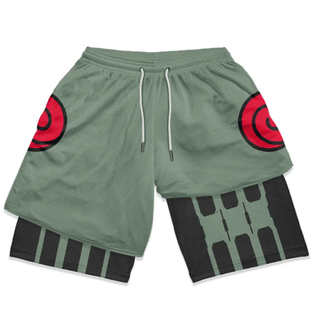 Pantalones cortos de gimnasio de Anime para hombre, 2 en 1, doble capa, transpirables, absorbentes del sudor, de secado rápido, para gimnasio,