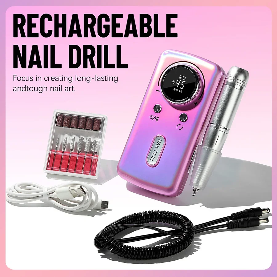 45000RPM Nail Drill Machine Electric Portable Nail File Rechargeable Nail Sander for Gel Nails Polishing For Home Manicure Salon