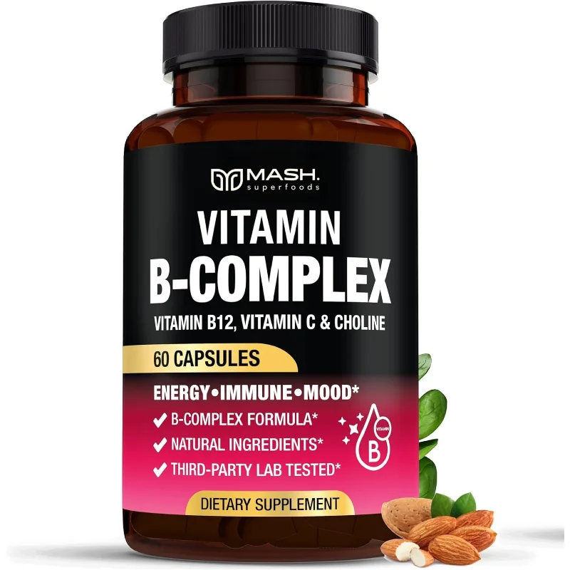 Vitamin B Complex Capsules with B6 B12, Vegetarian Support Daily Energy, Stress Relief, Metabolism, Immune & Nervous System