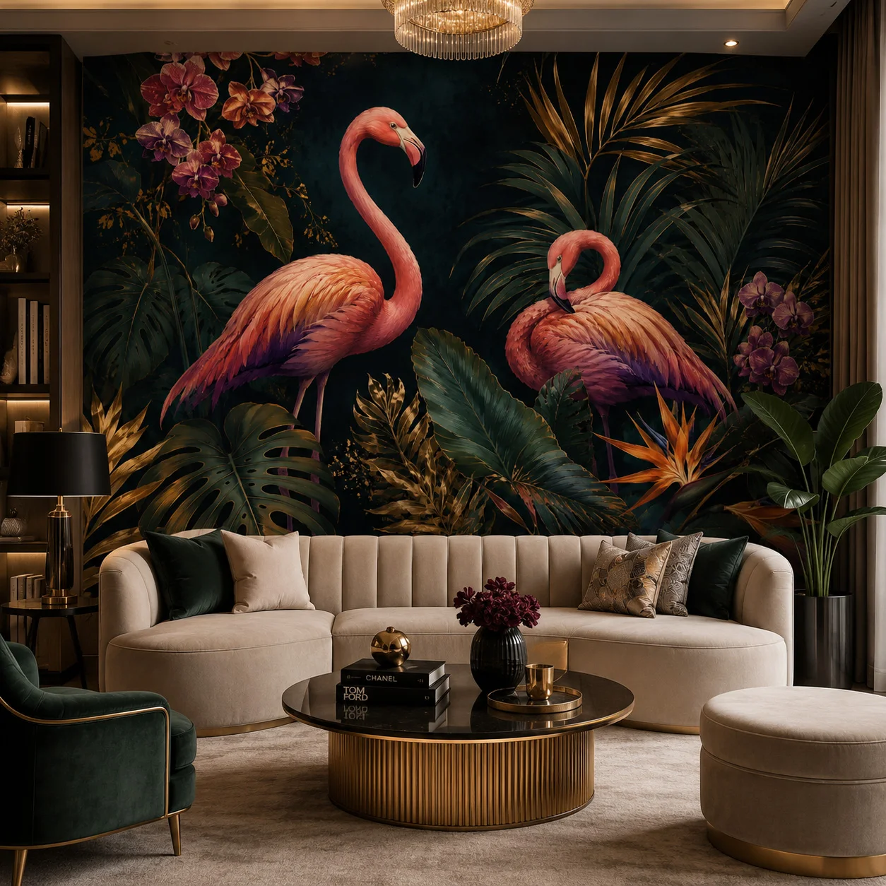 papier-peint-mural-de-luxe-flamingo-tropical-jungle-decoration-murale-botanique-sombre-avec-accents-de-feuilles-de-palmier-pour-salon-colle-requise